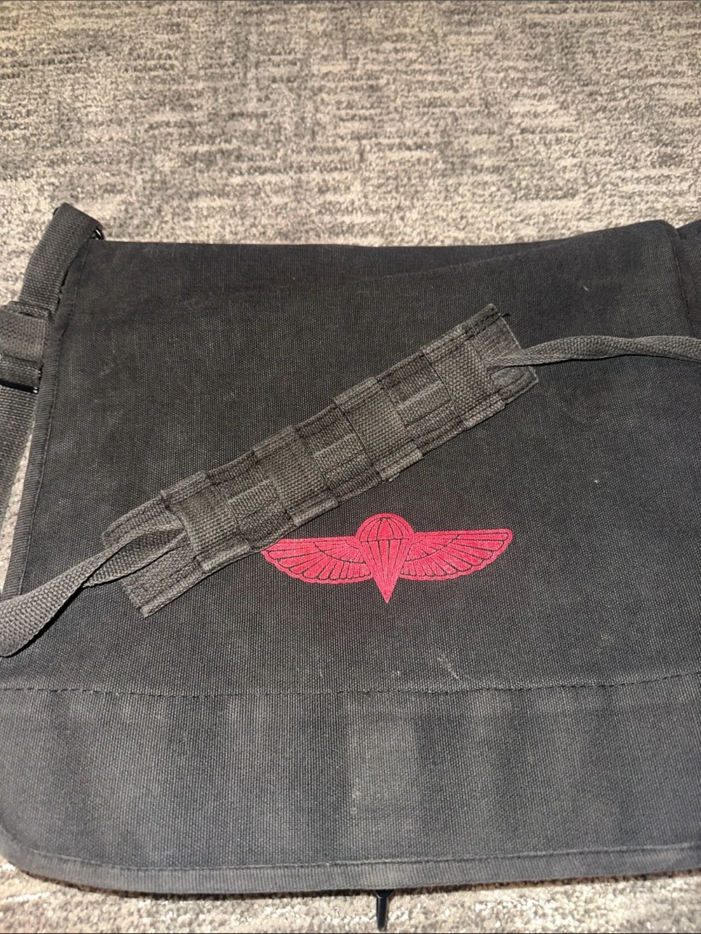 Parajumpers Vintage Black Canvas Messenger Bag with 5th Infantry Army Pin